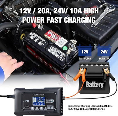 20A Smart Battery Charger 12V/24V, Automatic Charger & Maintainer for Lithium, LiFePO4, and Lead-Acid (AGM/Gel/SLA) Batteries, Trickle Charging for Cars, Boats, Motorcycles