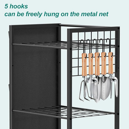 YBING Garden Tool Organizer, Yard Tool Stand with Side Storage Pockets, Yard Tower Rack for Garage Storage, Freestanding Tools Organizers and Storage for Shed, Brown