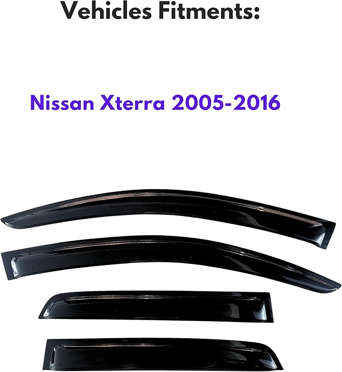 KPY Window Visor Compatible with Nissan Xterra 2005-2016, 4PC Rain Guard Side Window Vent Deflectors Tape-On Style, 2005 2006 2007 2008 2009 2010 2011 2012 2013 2014 2015 2016