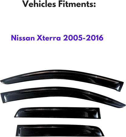 KPY Window Visor Compatible with Nissan Xterra 2005-2016, 4PC Rain Guard Side Window Vent Deflectors Tape-On Style, 2005 2006 2007 2008 2009 2010 2011 2012 2013 2014 2015 2016