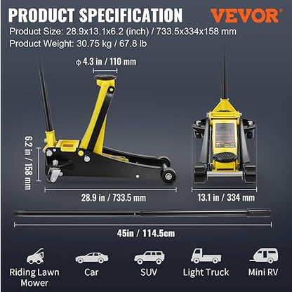 VEVOR 2.5 Ton Low Profile, Heavy-Duty Steel Racing Floor Jack with Dual Pistons Quick Lift Pump, Lifting Range 3.64"-19.49"