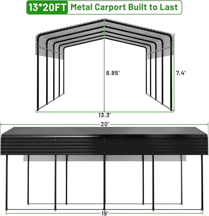 13 x 20 FT Metal Carport with Heavy Duty Galvanized Steel Roof & Durable Frame, Metal Car Garage, Sturdy Canopy Shelter for Car, Truck, Pickup, SUV, Tractor, and Boat