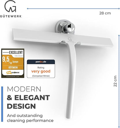 GÜTEWERK Shower Squeegee for Glass Doors, Silicone Window Squeegee, Bathroom and Glass Cleaning - White - 11 Inch