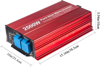 2500W Pure Sine Wave Inverter 12V to 120V AC with 2 AC outlets, DC5V 2 Amp USB Output, LCD Display Wire Remote kit and Heavy Duty Battery Cables.