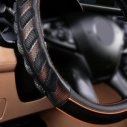 Flying Banner car Steering Wheel Cover Faux Leather Massage Universal fit 3D Honeycomb Hole Anti-Slip Sporty 15 Inches (Orange Black)