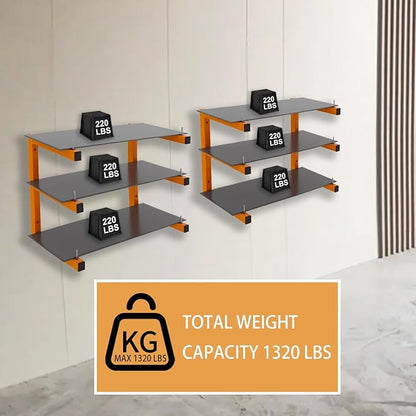 4 Pack Wall-Mounted Lumber Rack, Heavy Duty Wood Storage Racks, 6-Level System Garage Shelving, 1320 LBS Capacity Hanging Organizer Shelves, Orange Brackets Utility Metal Shelf for Indoor and Outdoor