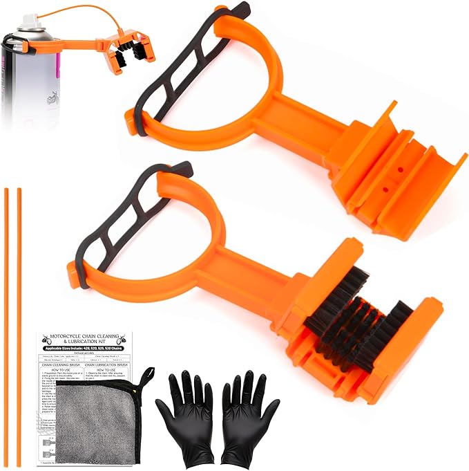 Motorcycle Chain Cleaning Kit Chain Oiler Chain Lube Tool with Gloves and Towel for Motorcycle and Bicycles Chain Brush Oiler Cleaning Kit Fits for 428 520 525 530 Chains(Cleaner Not Included)