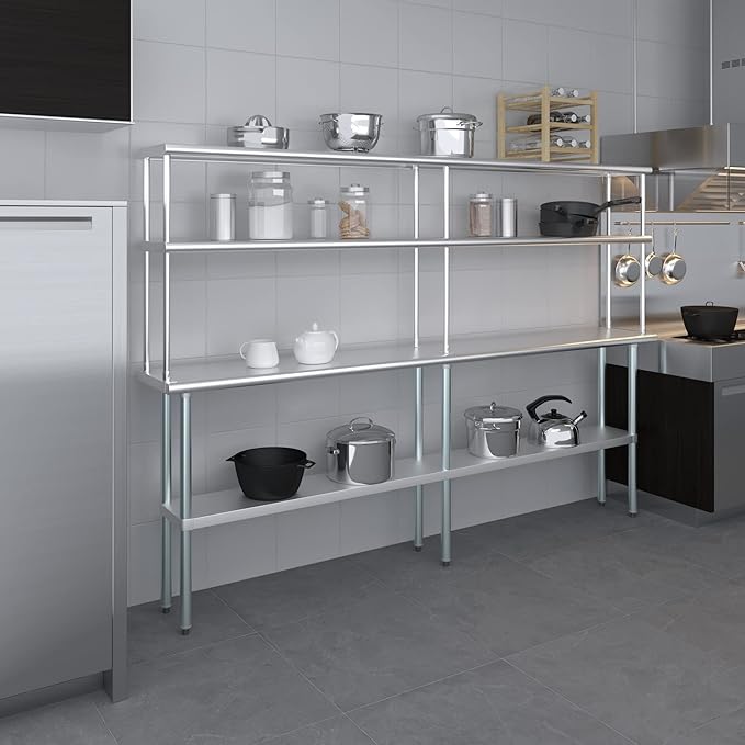 Amgood Stainless Steel Work Table Double Tier Overshelf | Metal Kitchen Prep Table & Shelving Combo | NSF (14" x 96" Work Table + 12" Overshelf)