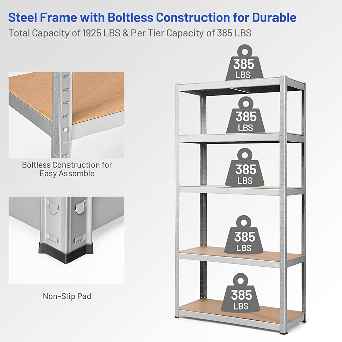 ERGOMASTER 72" Storage Shelves, Heavy Duty Steel Frame 5-Tier Garage Shelf, Metal Multi-Use Storage Shelving Unit for Home/Office/Dormitory/Garage (4, Silver)