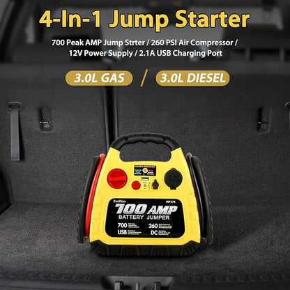 Jump Starter with Air Compressor 260PSI, 1000A Portable Car Jump Starter, 4-in-1 Battery Booster Pack for Vehicles(3L Gas/Diesel), Safety Jumper Cable with USB/DC Port