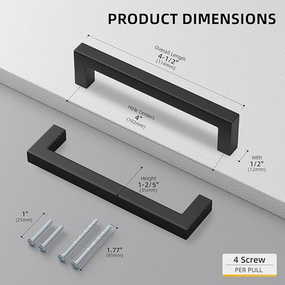 Goldenwarm 10 Pack Black Square Bar Cabinet Pull Drawer Handle Stainless Steel Modern Hardware for Kitchen and Bathroom Cabinets Cupboard,Center to Center 4in(102mm) Cabinet Handles