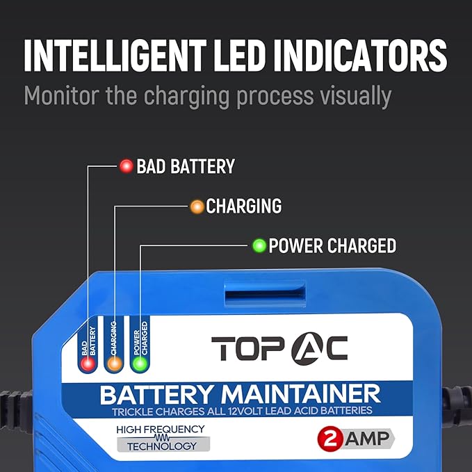2 Amp Car Battery Charger,12V Smart Fully Automatic Battery Charger Maintainer Trickle Charger and Float Charger for Car Truck Motorcycle Lawn Mower Boat, Lead Acid Batteries