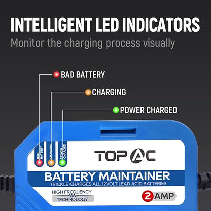 2 Amp Car Battery Charger,12V Smart Fully Automatic Battery Charger Maintainer Trickle Charger and Float Charger for Car Truck Motorcycle Lawn Mower Boat, Lead Acid Batteries