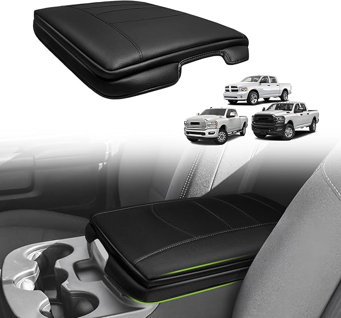 Muslogy Center Console Armrest Cover Compatible with Dodge Ram1500 2013-2018 & ram2500/3500 2013-2025 Comfort Armrest Pad Arm Rest Cushion Vegan Leather Protector 1-Inch Extra Thick(Jump Seat ONLY)
