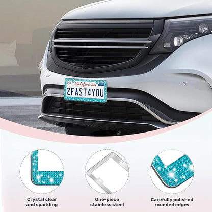 2 Pack License Plate Frames for Women, Sparkly Rhinestone Diamond Car Accessories with Glitter Crystal Caps (Blue（2PCS）)