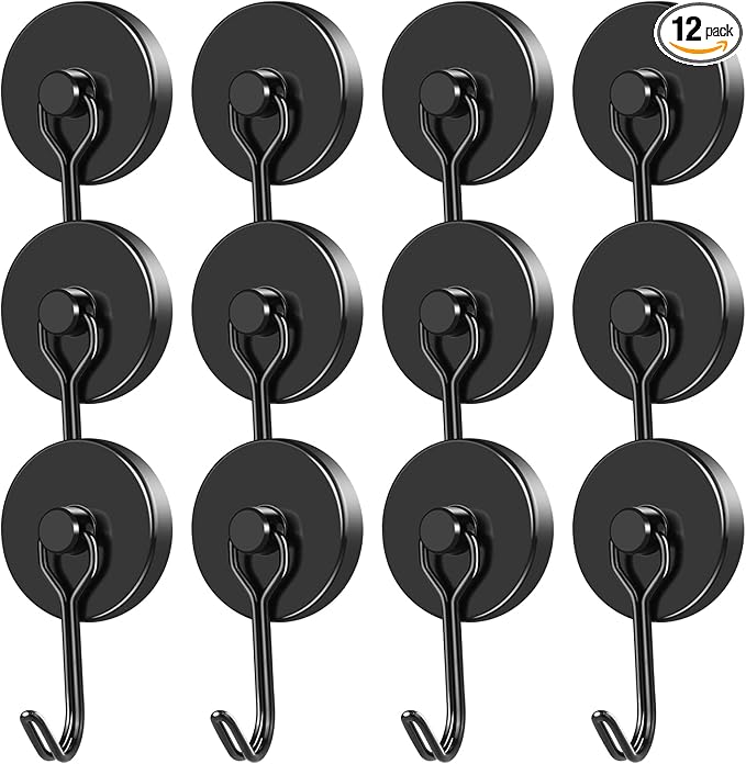 MIKEDE Strong Magnetic Hooks, 110LB Swivel Magnetic Hooks Cruise, Black Neodymium Magnet Hooks Heavy Duty for Hanging, Grill, Cruise Cabins, Refrigerator, Grill, Kitchen, Locker - Pack of 12