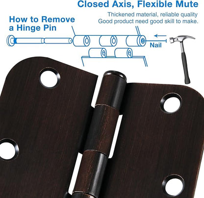 12 Pack Oil Rubbed Bronze Door Hinges 3.5" x 3 1/2 Inch Black Brushed Interior Hinge Rounded 5/8" Radius Corner 3 ½"Iron Residential Standard Bedroom Bifold Single Double Doors Hardware Kit