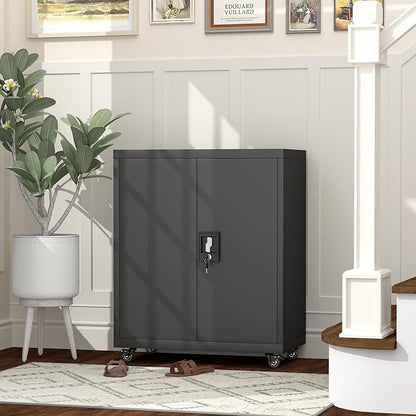 GREATMEET 31.5" H Metal Garage Storage Cabinet with Wheels, Lockable Garage Storage Cabinet with Adjustable Shelves for Home, Office,Kitchen
