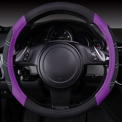 CAR PASS Line Rider Microfiber Leather Sporty 14.5-15 inch Steering Wheel Cover Universal Fits for 95% Truck,SUV,Cars, Anti-Slip Safety Comfortable Design (Black Purple)