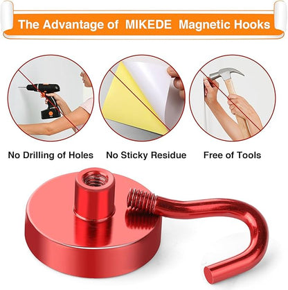 MIKEDE Magnetic Hooks Heavy Duty, 80LB Strong Magnet with Hook for Fridge, Super Neodymium Extra Strength Industrial Hooks for Hanging, Magnetic Hanger for Toolbox, Cruise, Grill(Red,4 Pack)