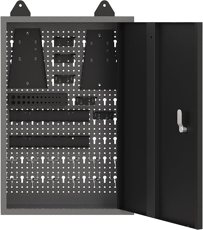 JZD Metal Storage Wall Mounted Cabinet with 22 Hooks, Lockable Small Tool Chest, for Garage Basement Workshop, Black and Gray