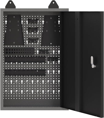 JZD Metal Storage Wall Mounted Cabinet with 22 Hooks, Lockable Small Tool Chest, for Garage Basement Workshop, Black and Gray