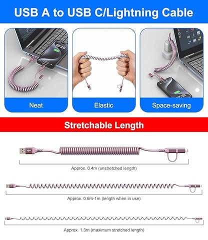 USB to USB C and Lightning Pink Car Charger Cable - Pink iPhone Charger Coiled Lightning Cable Type-C Charging Cord Support Apple Carplay & Android Auto & Data, for iPhone 16 15 14 13 12 11 Android