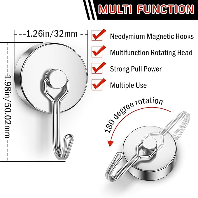 FINDMAG 100lbs+ Magentic Hooks Heavy Duty, Super Strong Magnetic Hooks for Cruise Essentials, Neodymium Magnets with Hooks for Hanging, Camper, Ceiling, Toolbox, Fridge, Beach Vacation, 6 Pack, Silver
