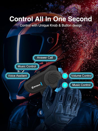 Moman Motorcycle Intercom, H2 Pro【2 Pack Carbon】 Helmet Headset Wireless Communication System to 1000M with DSP&CVC Noise Cancellation IP65 Waterproof FM, Motorcycle-Intercom-Headset-Helmet-Motobike