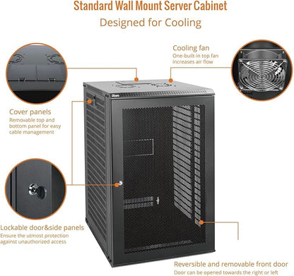 Tecmojo 18U Wall Mount Rack Network Cabinet for 19" IT Equipment,with Lockable Mesh Door and Side Panels,Cooling Fan,Black,17.7inch Depth for AV/Computer/Electronics Equipment Data Rack