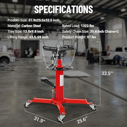 Dual Plunger Hydraulic Transmission Jack 1322lbs Capacity, 33.5"-69" High Lift 2-Stage Hydraulic Telescoping Jack, Trans Jack Stand with 8MM Non-Slip Pad, Foot Pedal & Swivel Wheel, Red