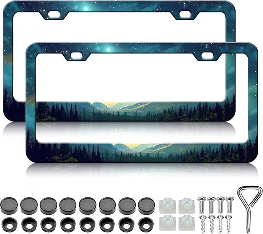 Starry Sky Mountain License Plate Frames - 2 Pack Green Mountain Forest Stainless Steel License Plate Holder,Rust-Proof Waterproof Car Decorative Tag Frame with Screws Fasteners Caps