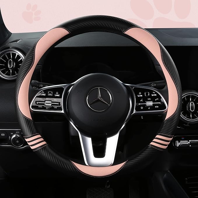 Car Steering Wheel Covers for Women Girl Padded Carbon Fiber PU Leather Cute Cartoon Auto Interior Accessories for Jeep, Truck, Universal, Anti Slip, Pink, Large Size 15.5-16"(39-41cm)