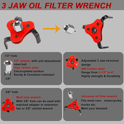 4Pcs Oil Filter Pliers Set, 3 Jaw oil filter Wrench with Flexible Plastic Funnel For Automotive Oil Change, Adjustable Oil Filter Removal Tool From 1-3/4" to 6" (Black)