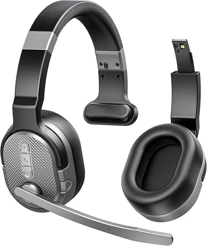 Trucker Bluetooth Headset, Wireless Headsets with Noise Cancelling Microphone, 50+Hrs HD Talktime Bluetooth Headphones with Detachable Earpad/Single+Dual Mode for Office/Driving/Home (Silver)