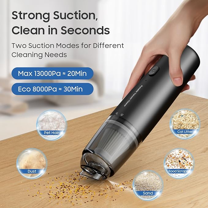 Handheld Vacuum Cordless, Car Vacuum Cleaner Portable with HEPA Filter, 2 Suction Modes, Mini Hand Held Vacuum Rechargeable for Car, Home, Pet Hair, Office, Desk, Keyboards (Black)