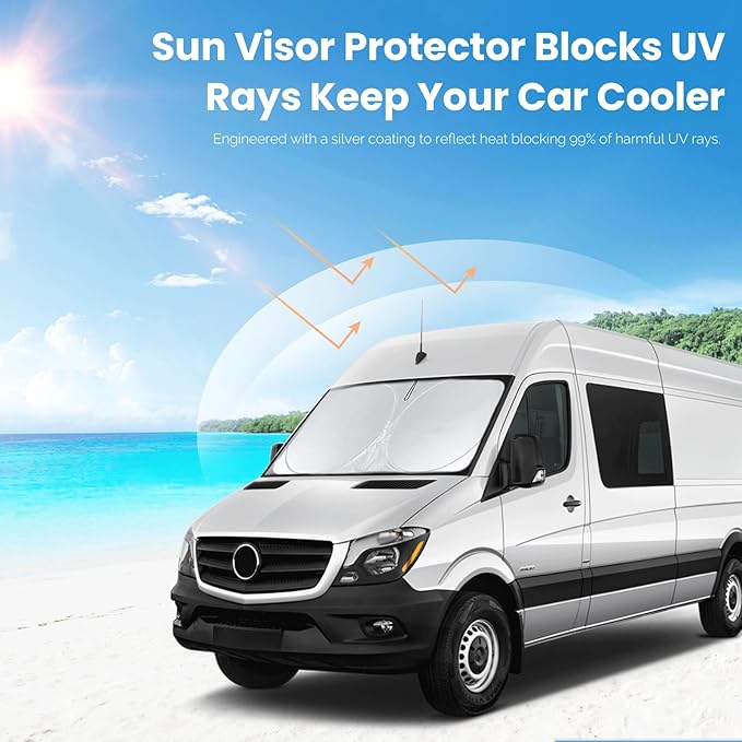 Custom Fit Benz Sprinter Windshield Sunshade for 2007-2025 2026 Mercedes Benz Sprinter Freightliner Cargo Crew Passenger Motorhome Accessories Window Shades Cover for Windshield Sun Visor Blocks UV