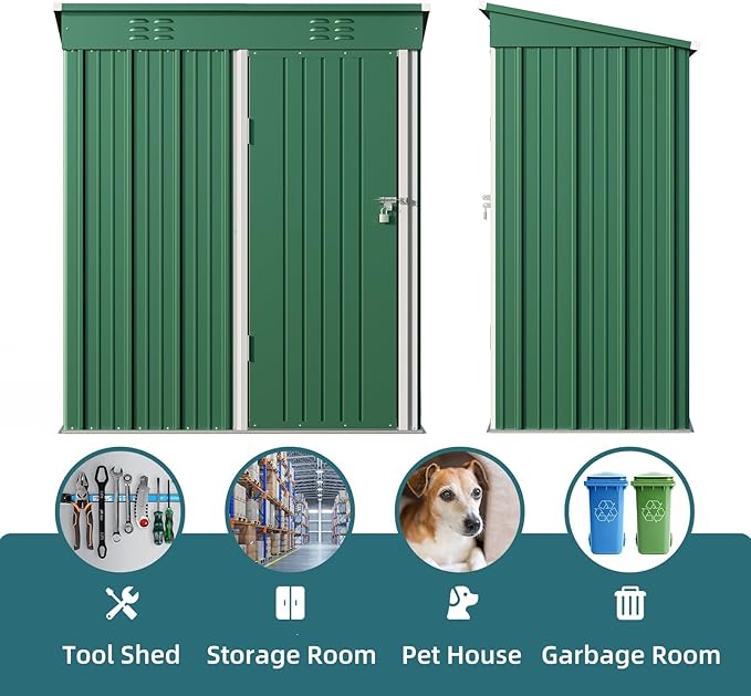 Bealife 5' x 3' Outdoor Storage Shed Clearance, Metal Outdoor Storage Cabinet with Single Lockable Door, Waterproof Tool Shed, Backyard Shed for Garden, Patio and Lawn(Green)