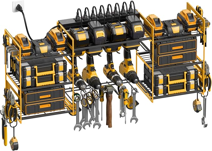 CCCEI Yellow Power Tool Organizer Wall Mount, Large Tools and Battery Storage Rack Charging Station Individual Switches. Drills Holder, Garage Utility Shelves with 6FT Power Strip. Gift for Men.