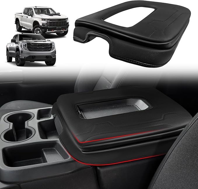 Muslogy Center Console Armrest Cover Compatible with Chevy Silverado & GMC Sierra 2019-2025 Comfort Armrest Pad Arm Rest Cushion Vegan Leather Protector 1-Inch Extra Thick(Jump Seat ONLY)