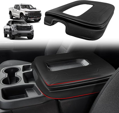 Muslogy Center Console Armrest Cover Compatible with Chevy Silverado & GMC Sierra 2019-2025 Comfort Armrest Pad Arm Rest Cushion Vegan Leather Protector 1-Inch Extra Thick(Jump Seat ONLY)