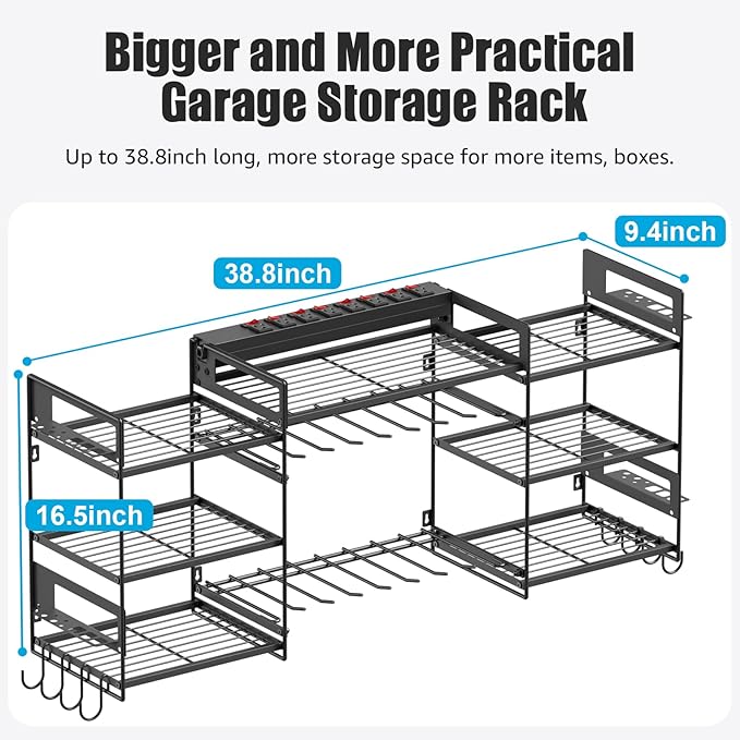 CCCEI Black Power Tool Organizer Wall Mount, Large Tools and Battery Storage Rack Charging Station Individual Switches. Drills Holder, Garage Utility Shelves with 6FT Power Strip. Gift for Men.