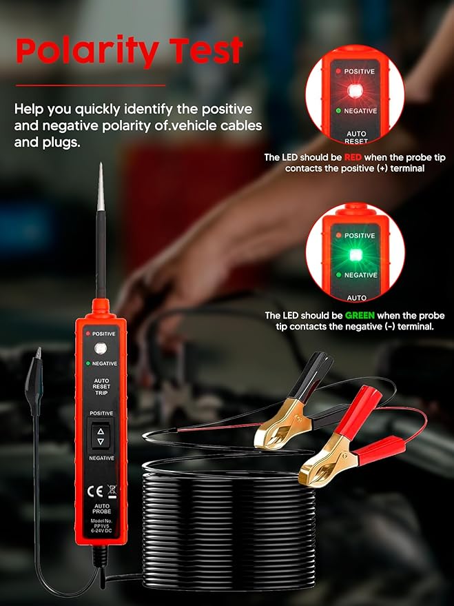 Power Circuit Probe Tester, 6-24V DC Circuit Tester, Test Light Automotive Short Circuit Located, Polarity Identify with LED Light Overload Protection