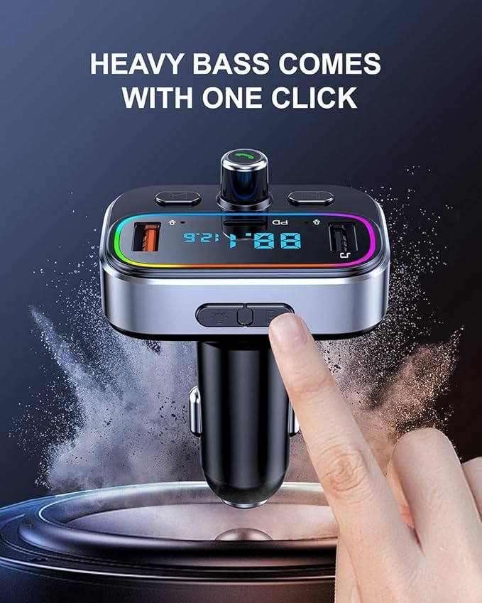 Bluetooth FM Transmitter for Car Wireless Radio Adapter Kit, Hands-Free Calling Dual Microphone, Fast Charging 18W & PD 20W for All Smartphones Audio Players, Supports TF/SD Card and USB Disk