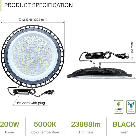 ASD LED High Bay UFO Light Fixture, Commercial Shop Lighting | Plug & Play Cable, IP65 Waterproof, ETL Listed | 200W 23900LM 5000K 100-277V | Warehouse, Garage, Workshop, Barn Lamp | Black, 6 Pack