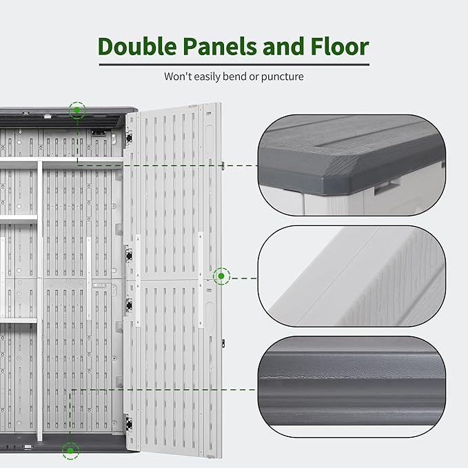Macrout 50 Cu.Ft Plastic Outdoor Storage Cabinet with Shelves, 4.3 x 2.5 ft Waterproof Resin Outdoor Storage Shed with Floor, Lockable Vertical Shed for Garden and Patio