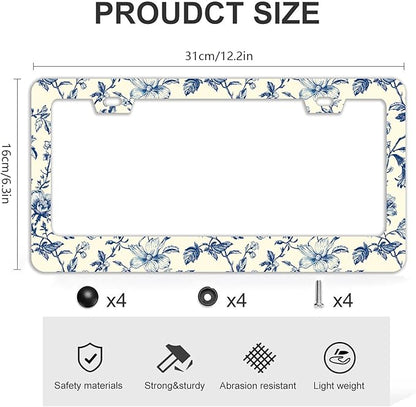 Blue Floral Flowers License Plate Frames - 2 Pcs Set 2 Holes Stainless Steel Metal Auto Car Accessories Decoration License Plate Frame Cover Size 6.3" x 12.2" Fit US Vehicles for Women Men Gift