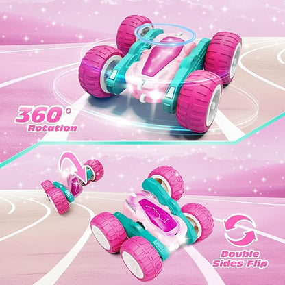 Tecnock Pink Remote Control Car for Girls and Boys, 2.4GHz RC Cars with USB-C Easy Charging, 4WD Double Sided 360° Rotates and Flips RC Stunt Car, Toys Gift for Kids