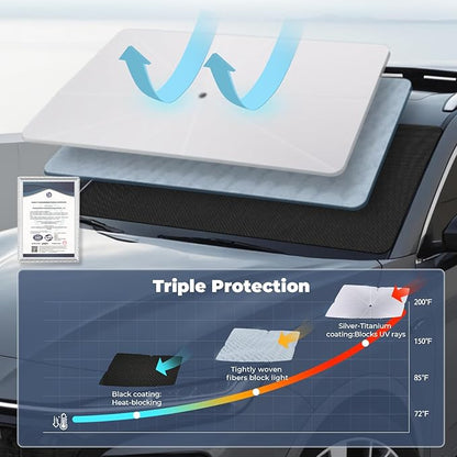 Windshield Sun Shade Umbrella: for Tesla Model3-2016-2023 2024 2025 Model 3 Highland- Front Car Window Shades - Foldable Tesla Model-3 Sunshades Block UV Keep Cool
