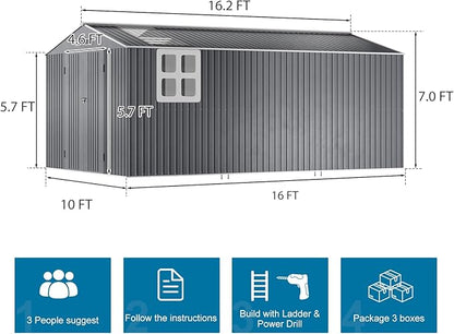 10x16 FT Metal Outdoor Shed Extra Large Waterproof Tools Storage House with Skyview Windows Air Vent Reinforced Frame for Outside Garden Backyard to Store Bikes,Lawnmower,Garage,Dark Grey